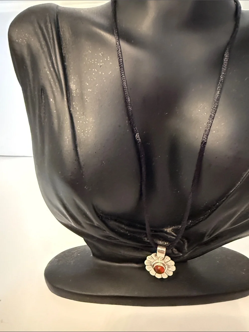 NECKLACE STERLING SILVER DAISY FLOWER PENDANT AMBER CENTER BLACK SILK CORD 17”